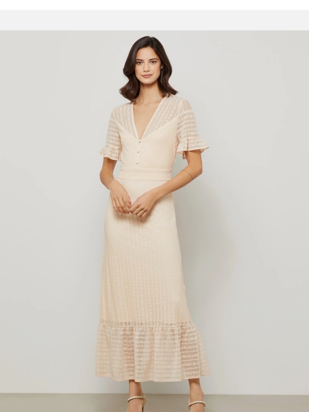 BCBGMaxAzria Cream Lace Maxi Dress with V-Neck